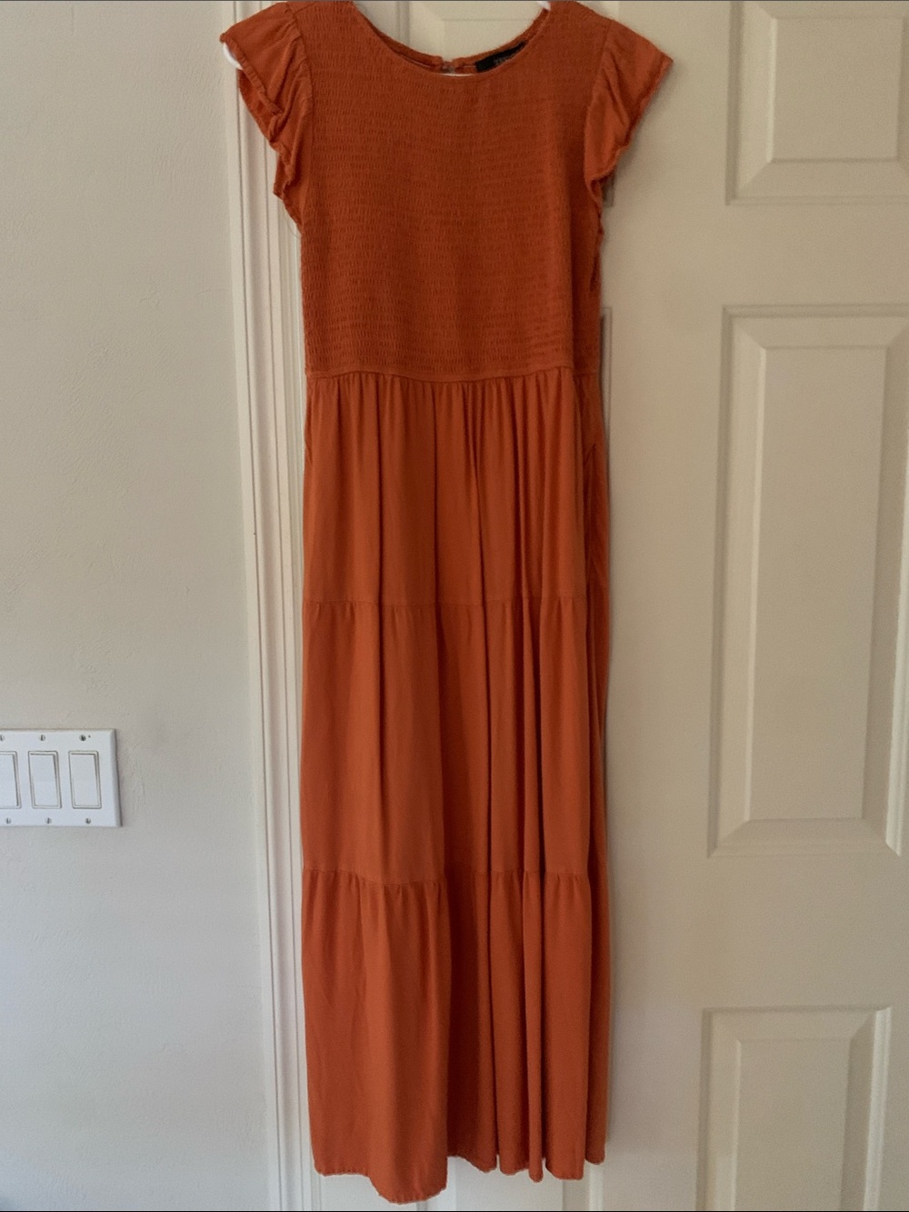 Flutter Sleeve Tiered Maxi Dress in Rust